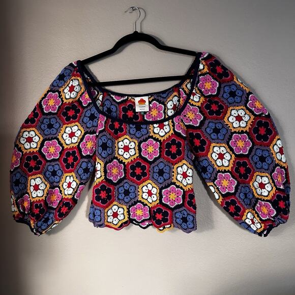 Farm Rio Women M Sweater Crochet Handmade puff sleeves Elastic shoulders wrists - Picture 3 of 10